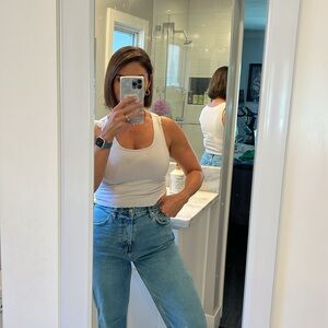 Topshop blue straight jeans, botton fly closure, light blue color, relaxed fit